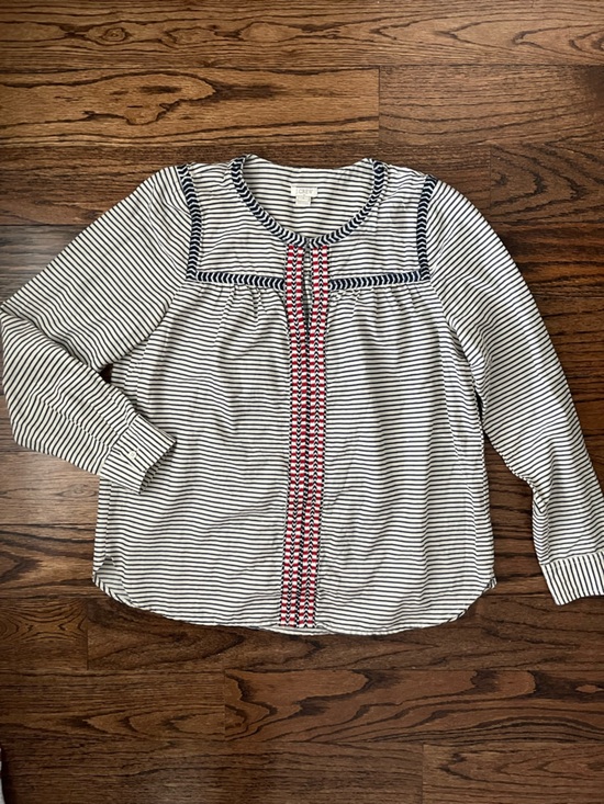 J. Crew Tops - J. Crew Striped Embroidered Peasant Blouse - Navy & Ivory with Red Trim